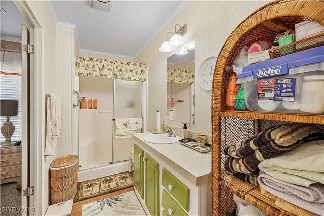 a bathroom with a sink a mirror and a shower