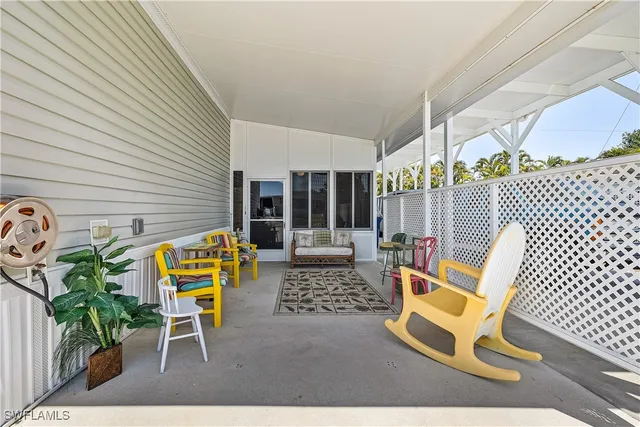 a building outdoor space with patio furniture