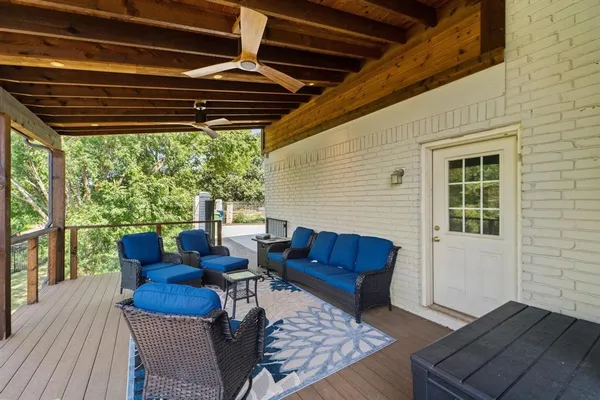 a building outdoor space with patio furniture