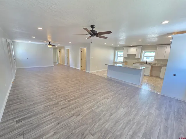 a view of a kitchen and a kitchen counter top space