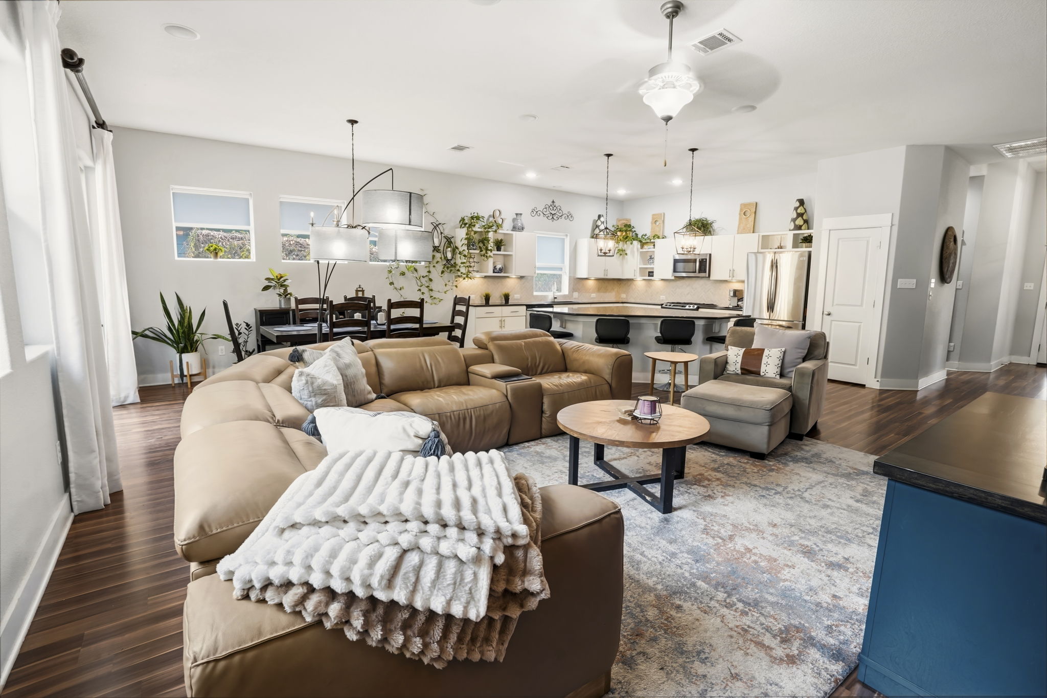 504 Bowery Trail Austin, TX 78753 - Photo 12 of 38 Living area with dark wood finished floors, recessed lighting, and a ceiling fan