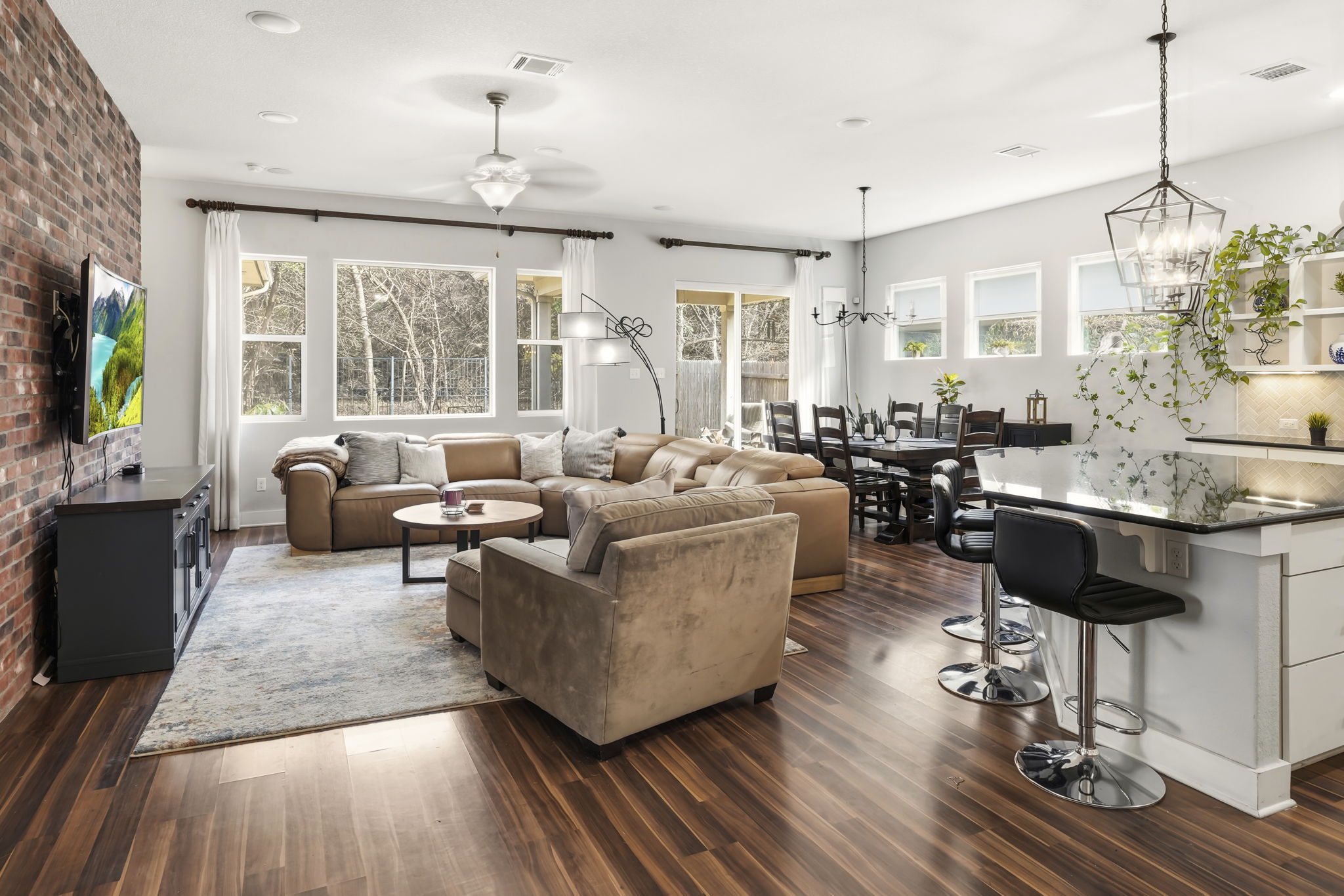 504 Bowery Trail Austin, TX 78753 - Photo 8 of 38 Living area with dark wood finished floors, ceiling fan, and recessed lighting