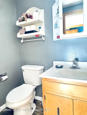 a bathroom with a sink mirror and toilet