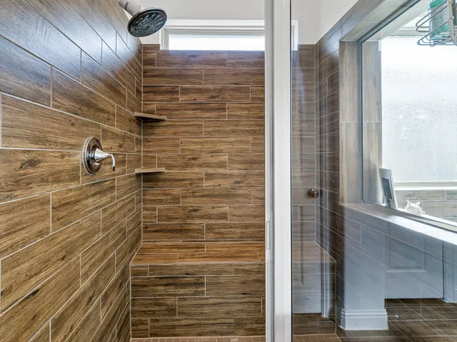 a bathroom with shower