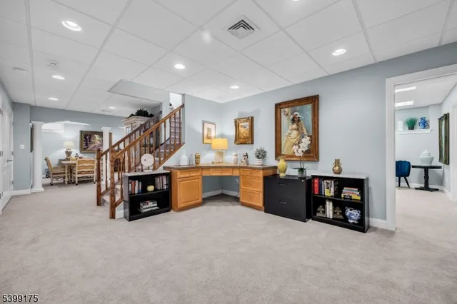 a view of a dining room with furniture