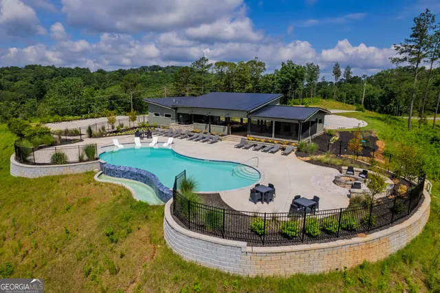 a view of a swimming pool with a patio and a garden