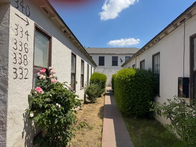 a front view of yellow house with plants