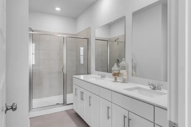 a bathroom with a shower sink vanity and mirror