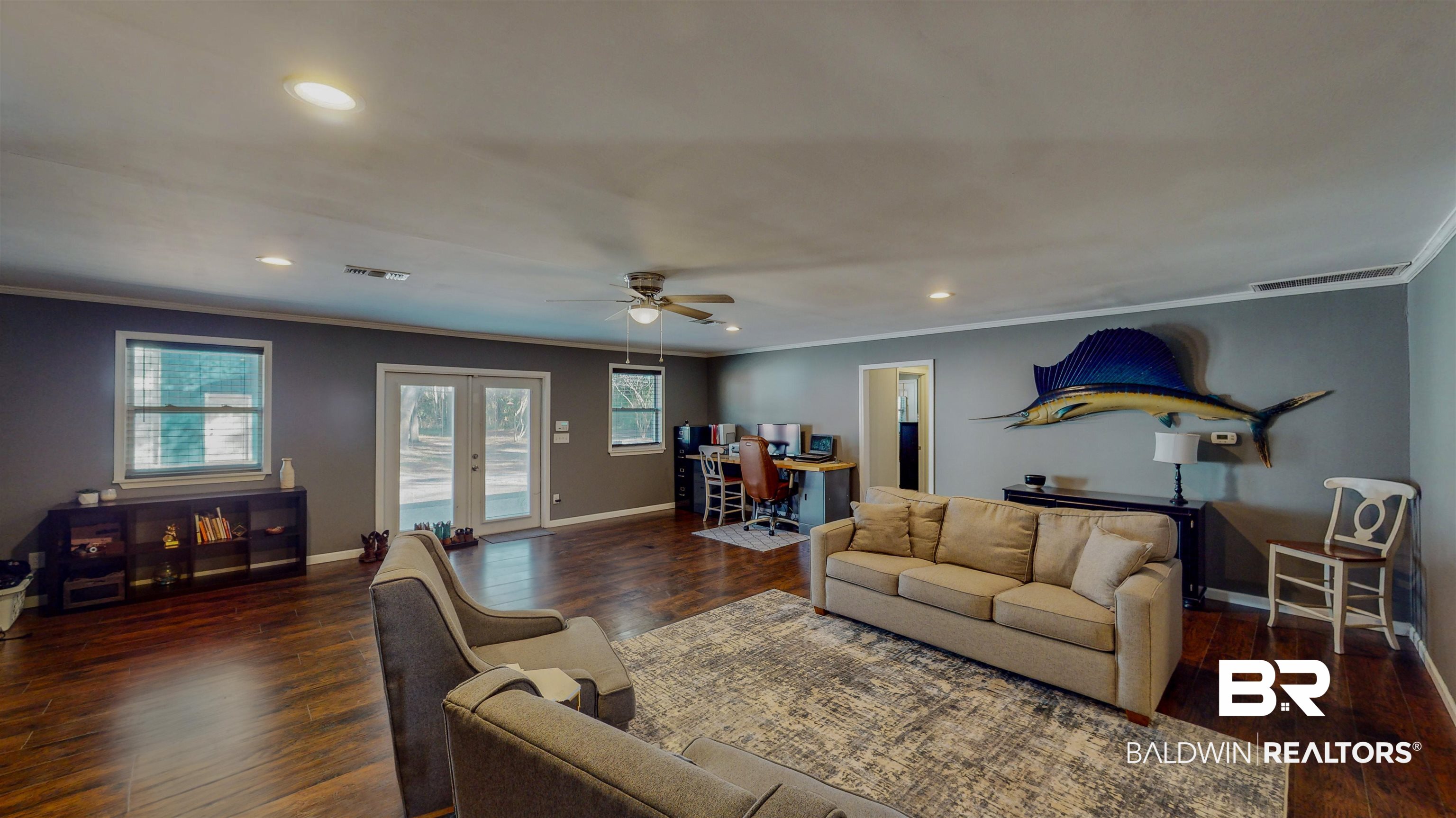 19365 Keller Road Foley, AL 36535 - Photo 10 of 41 Living room featuring ceiling fan, dark hardwood / wood-style floors, ornamental molding, and french doors