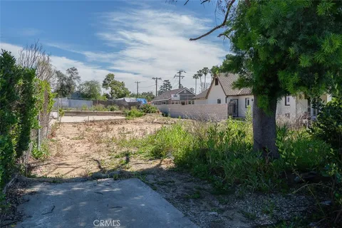 a view of a yard with plants and a bench
