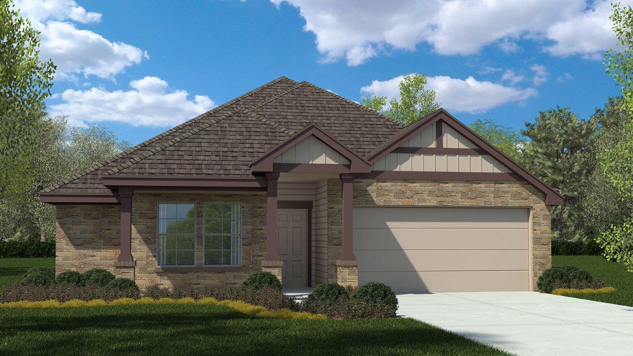 A welcoming stone and siding facade with an attached garage defines this charming residence.