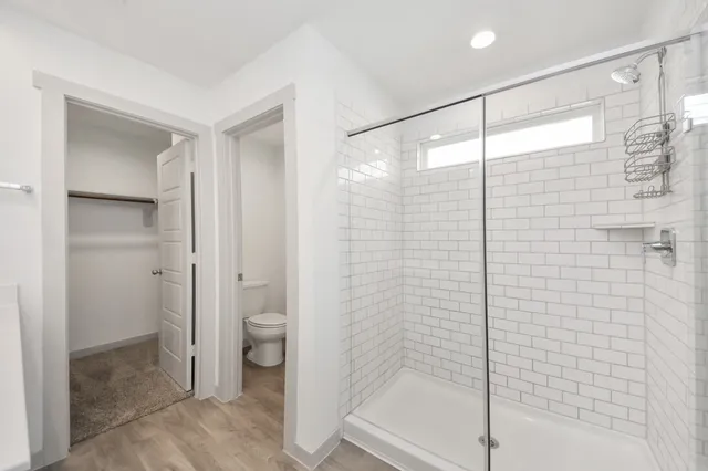 a bathroom with a shower and a toilet
