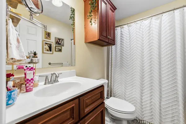 a bathroom with a sink a toilet and shower curtain