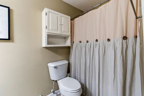 a white toilet sitting next to a shower curtain