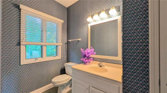 a bathroom with a sink toilet and window