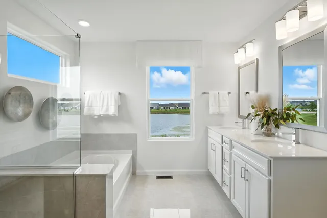 a bathroom with a double vanity sink a mirror and a shower