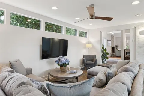 a living room with furniture and a potted plant