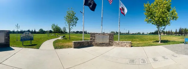 a view of a park with large trees