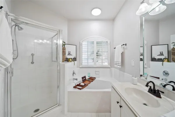 a bathroom with a sink a mirror a vanity and shower