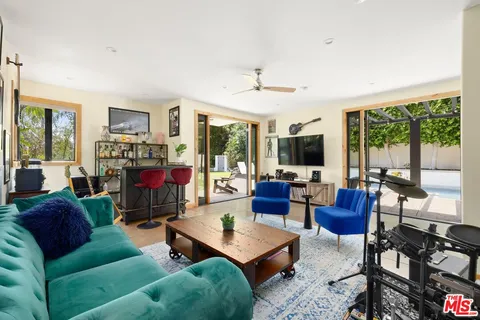 a living room with furniture fireplace and a flat screen tv