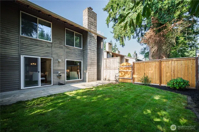 a view of a backyard with plants and large tree
