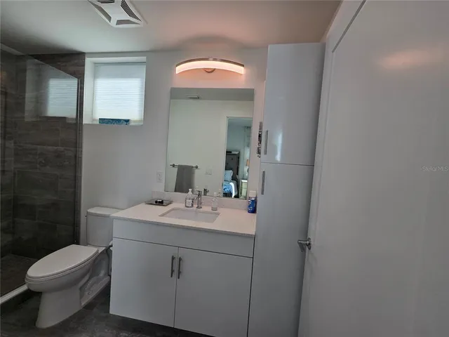 a bathroom with a sink a toilet and mirror