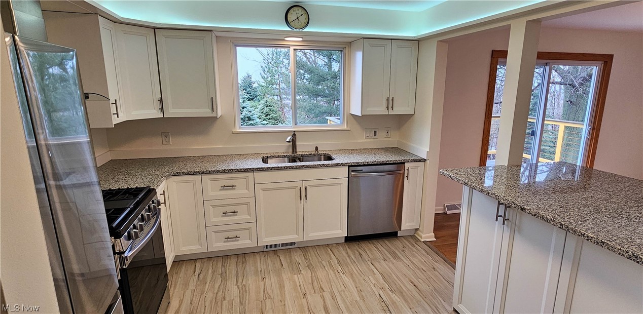 19755 Upper Terrace Road Euclid, OH 44117 - Photo 3 of 38 New kitchen with granite counters and newer Samsung stainless steel appliances and luxury vinyl tile flooring.