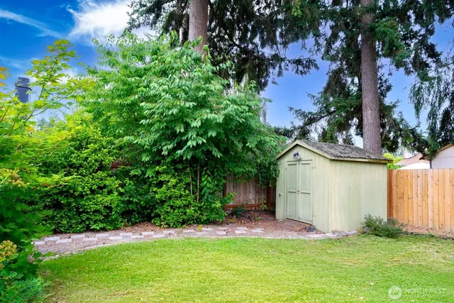 a view of a backyard with potted plants and large trees