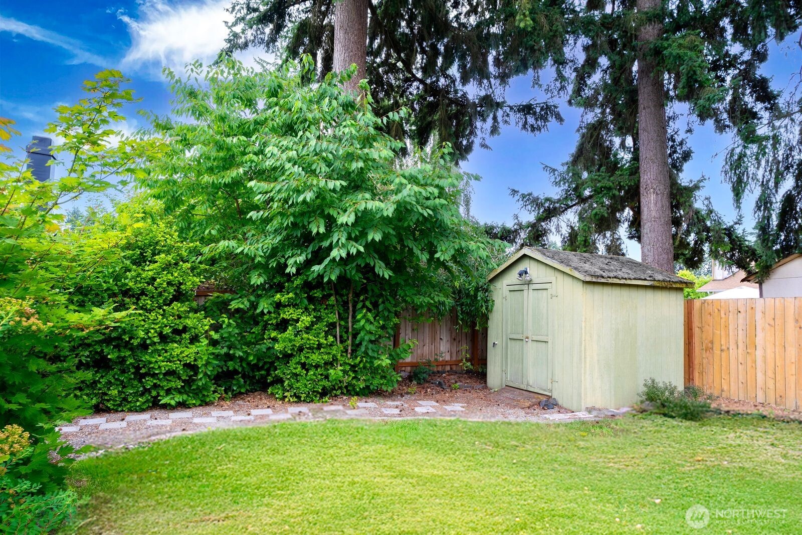 1102 156th Street East Tacoma, WA 98445 - Photo 20 of 20 a view of a backyard with potted plants and large trees