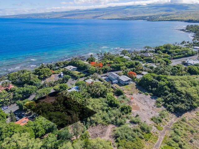 an aerial view of ocean and residential houses with outdoor space
