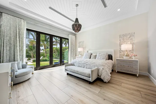 a spacious bedroom with a bed and a large window