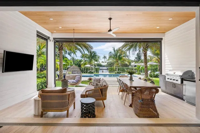 a living room with large window