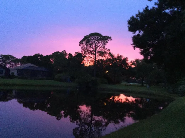 a sunset view with a lake in background