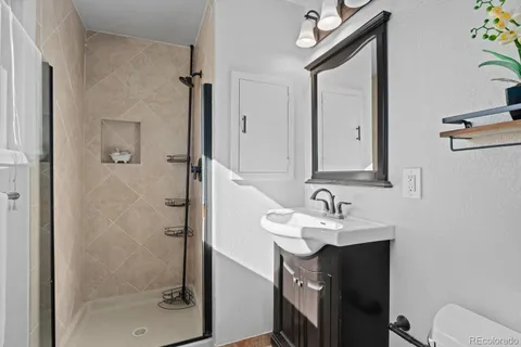 a bathroom with a sink vanity mirror and shower