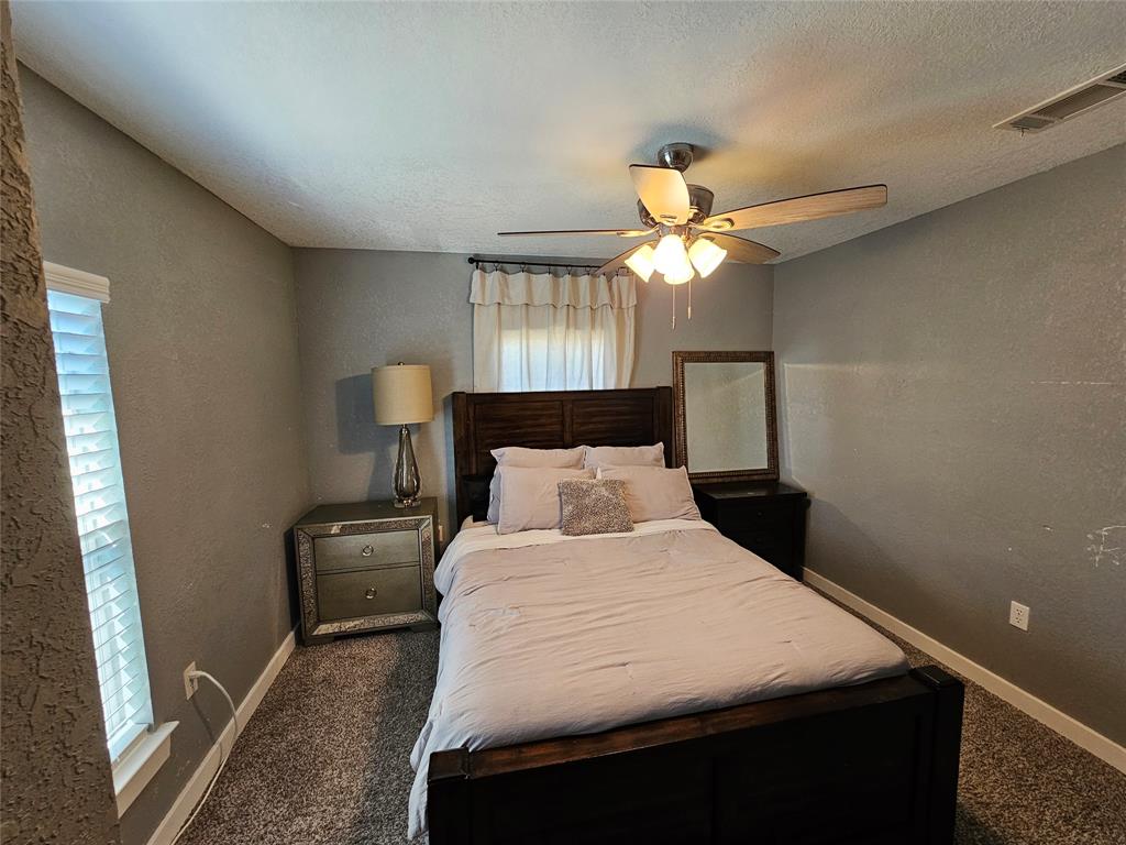 165 Elmwood Road Whitney, TX 76692 - Photo 21 of 28 Bedroom featuring a textured wall, multiple windows, ceiling fan, carpet floors, and a textured ceiling