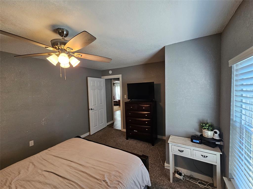 165 Elmwood Road Whitney, TX 76692 - Photo 22 of 28 Bedroom with a textured wall, a ceiling fan, dark colored carpet, and a textured ceiling