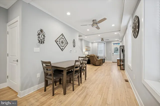 a view of a dining room with furniture