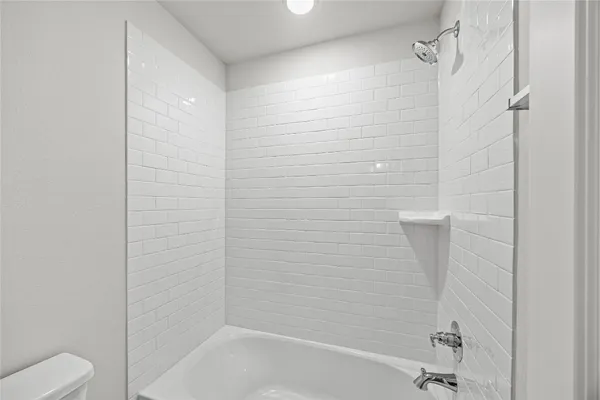 a bathroom with a shower and toilet