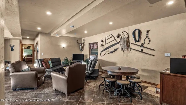 a living room with furniture and a dining table with kitchen view