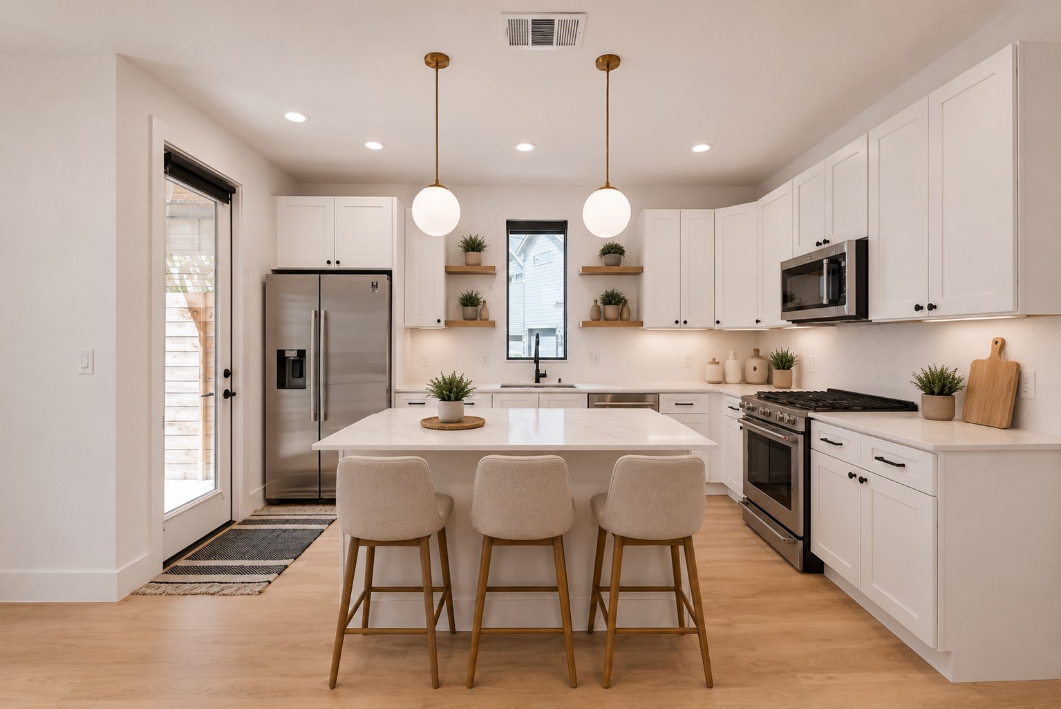 1140 Webberville Road, Unit 9 Austin, TX 78721 - Photo 1 of 13 Virtual: A well-appointed kitchen features a central island, contemporary pendant lights, and light-toned flooring.