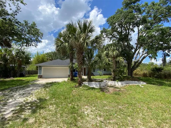 a view of backyard with tree and a bench