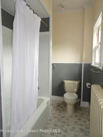 a bathroom with a toilet and a shower curtain