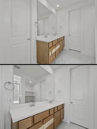 a view of kitchen and empty room with wooden floor