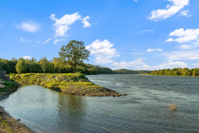a view of a lake with houses in the back