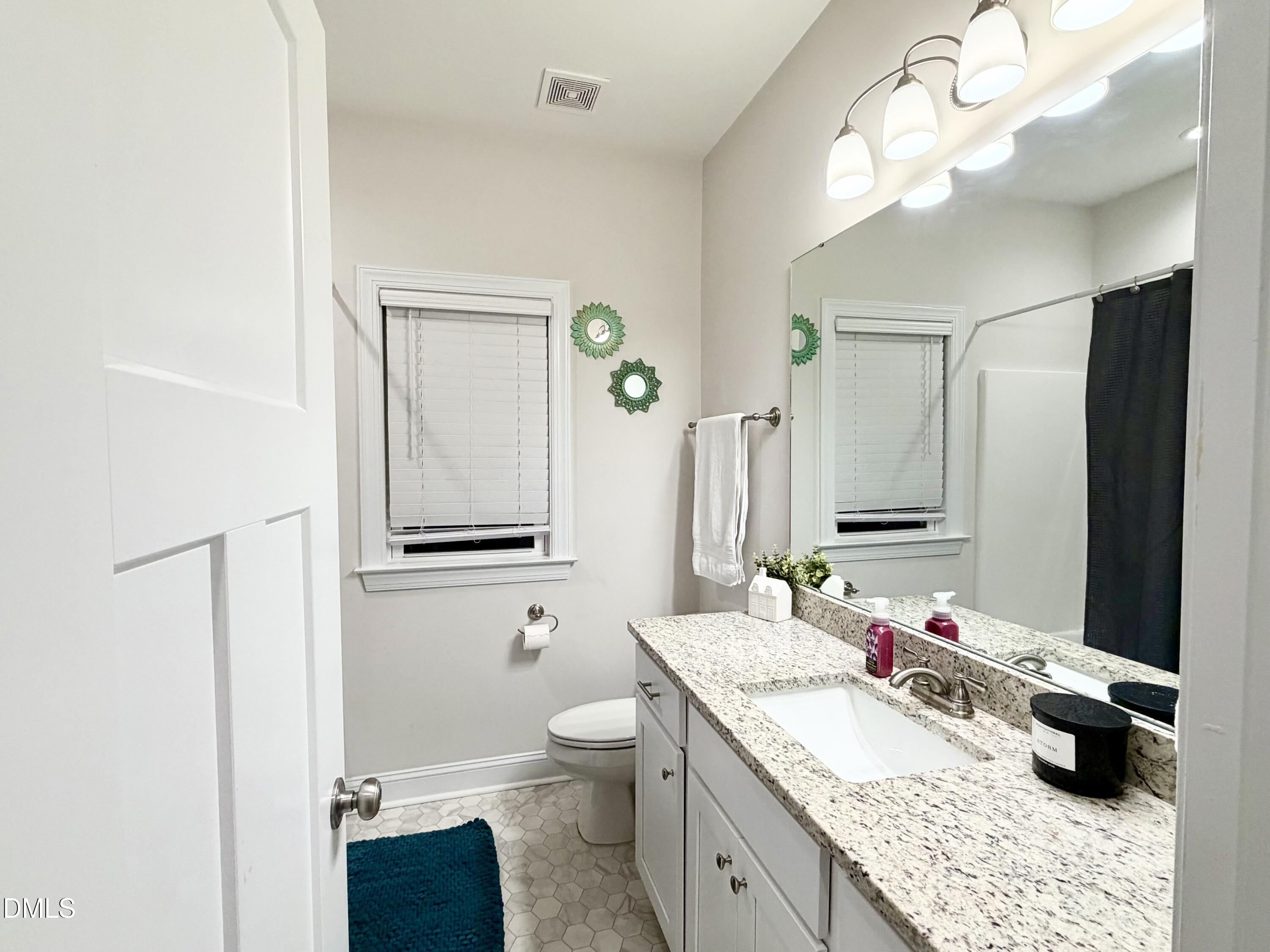 228 Ridgemoore Court Four Oaks, NC 27524 - Photo 14 of 30 a bathroom with a granite countertop sink a toilet and a mirror