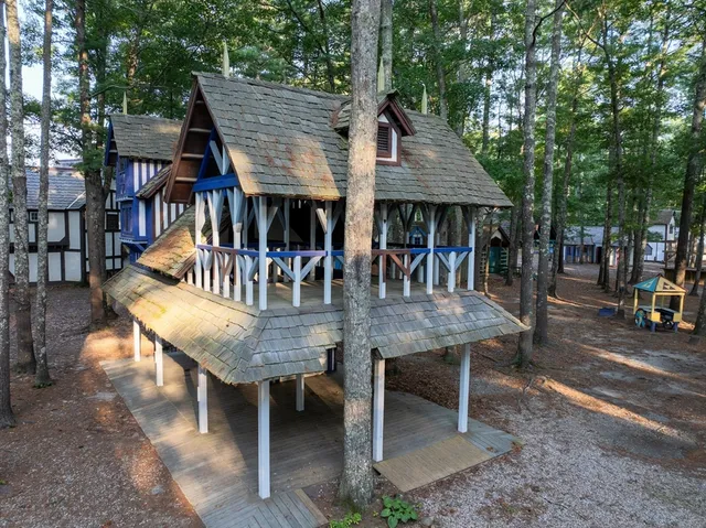 an outdoor space with seating