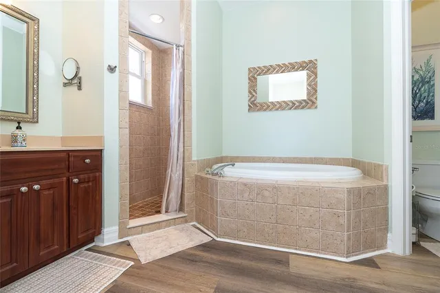 a bathroom with a bathtub and a shower