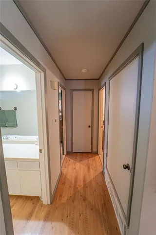 a view of a hallway with wooden floor and a cabinet