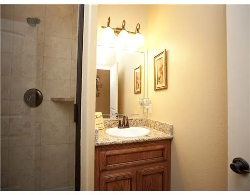a bathroom with a sink mirror and shower