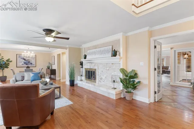 a living room with furniture a fireplace and a potted plant